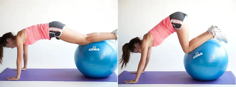 how to perform the Stability Ball Knee Tuck https://get-strong.fit/Stability-Ball-Knee-Tucks-How-To-Exercise-Guide/Exercises